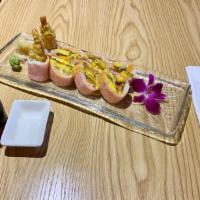 Valentine's Roll · 8 pieces. Eel, shrimp tempura, spicy white tuna, mango, crunch, wrapped with pink seaweed, m...