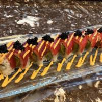 Angel Roll · Yellowtail, avocado inside, tuna, spicy mayo and black tobiko on the top.
