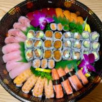 Party Platter B · 24 pieces sushi and 5 rolls. 4 piece each: tuna, salmon, shrimp, yellowtail, white fish and ...