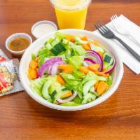 8. House Salad  · Romaine lettuce, tomatoes, cucumbers, red onions, carrots and vinaigrette dressing.