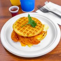 Chicken and Waffle Sandwich  · Crispy chicken style eggs, beef honey syrup on waffle.
