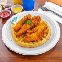 1. Three Piece Chicken Waffle Meal  · Leg, thigh, wing. Served on a waffle.