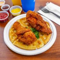 2. Two Piece Chicken Waffle Meal  · Leg, thigh. Served on a waffle.