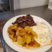 Steak with Eggs · Sirlion Steak served with home fries and any style eggs 