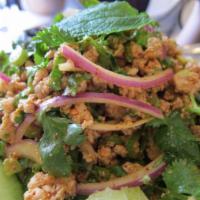 25. Thai Style Larb · Pork or chicken. Intense flavored ground chicken or pork tossed in mixed Thai herbs and chil...