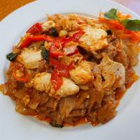 33. Pad Kee Maow · More spicy stir fried flat noodles with onion, bell pepper, basil and egg.