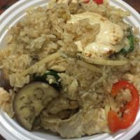 52. Green Curry Fried Rice · Green curry paste, bamboo, bell pepper and eggplant (without egg).