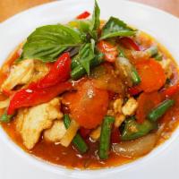 61. Pad Kra Praow · Classic dish using onions, basil, bell pepper, carrots and string beans with chili basil sau...