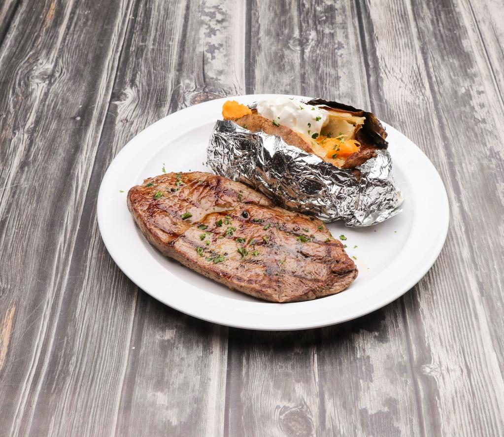 Top Sirloin Steak with Baked Potato · 8 oz. sirloin steak seasoned then charbroiled your way.