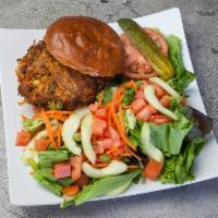 HB1. Vegan Burger · Kale, peas, carrots, corn, yellow squash, zucchini, chickpeas and hand breadcrumb.