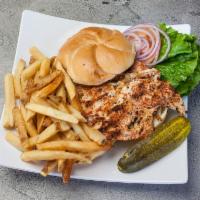 BS1. Cajun Chicken Sandwich · Cajun chicken breast, lettuce, tomato and herbed mayo on a kaiser roll.