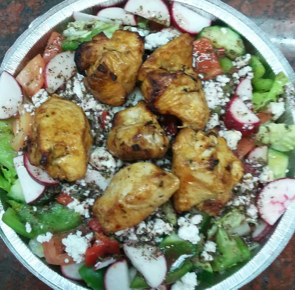 Chicken Kabob Salad  · Chicken and Fresh crisp greens with house dressing and choice of kabob. 