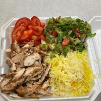 Chicken Shawarma  · Thin sliced seasoned chicken served with garlic sauce, lettuce, and tomatoes. 