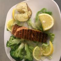 Grilled Salmon · Wild caught salmon with steamed broccoli or baked potato.