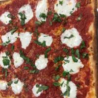 Brooklyn Pizza · Thin crust with mozzarella, chunky tomato sauce with fresh mozzarella and basil. 