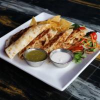 Chicken Quesadilla · cheese and chicken.  chips, salad, salsa, sour cream on the side
