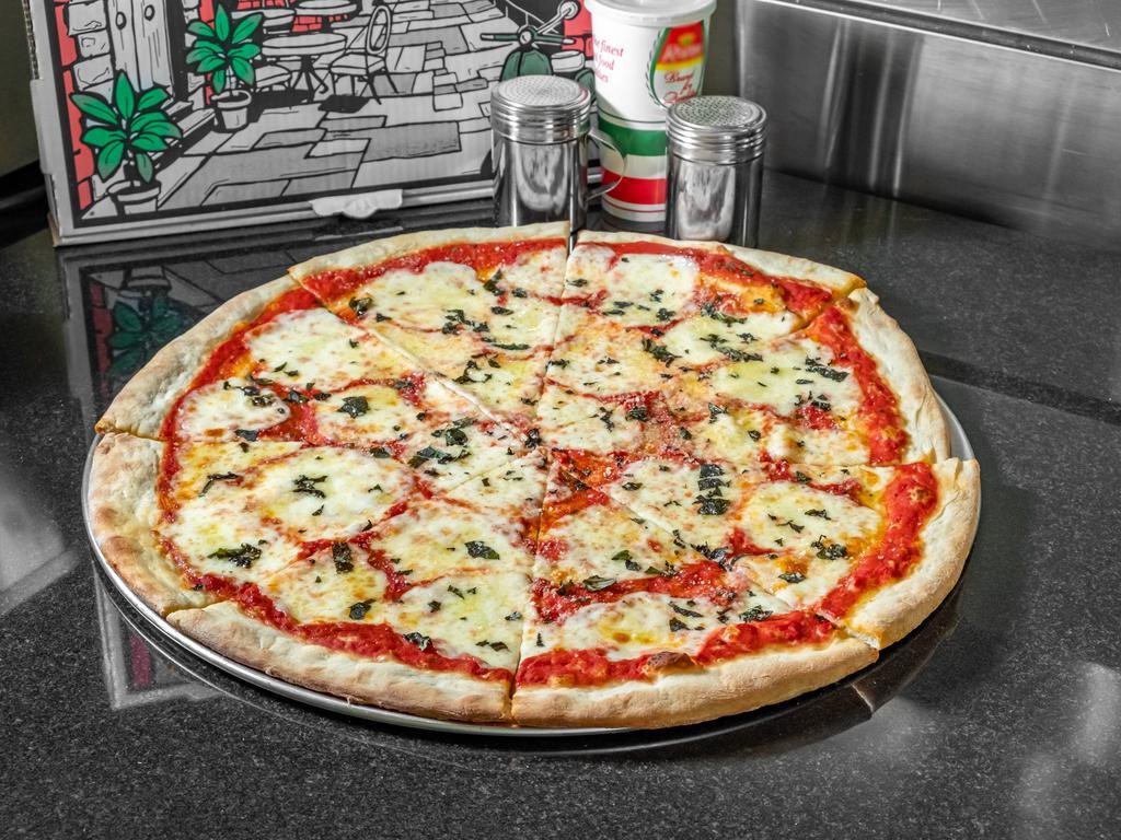 Margherita Pizza · Fresh mozzarella, fresh basil, extra virgin olive oil and plum tomatoes.