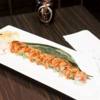 Panda · Spicy Tuna, Crunch & Avocado Topped with Fresh Salmon, Nanami, Bamboo Leaf & Seared with Kab...