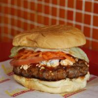 Buffalo Style Burger · Buffalo sauce, lettuce, tomato, shredded carrots and bleu cheese crumbles.