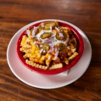 Lucky's Loaded Fries · Angus beef chili, jalapenos, chopped onions, bacon, cheddar cheese sauce and sour cream.
