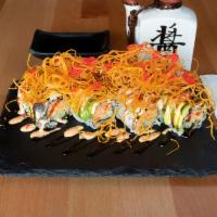 Akino Roll · inside: spicy kani, cucumber   |   topped with: eel, avocado, tobiko, sweet potato crisps, s...
