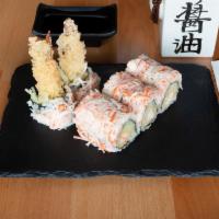 Snow Mountain Roll · inside: shrimp tempura, cucumber   |   topped with: sweet kani