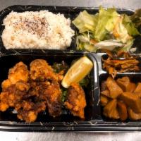 Fried Chicken  · Shio-koji fried chicken. Comes with simmered root vegetables and green salad.