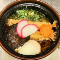 Nabe Yaki Udon · Udon noodle soup with shrimp tempura, fish cake, shiitake, poached egg, and scallion.
Comes ...