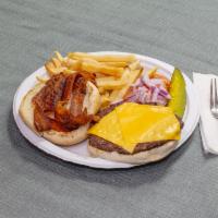 Bacon Beef Burger · Burger topped with cured meat.