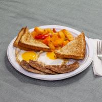 05. Two Eggs with Home Fries and Toast Platter · Beef sausage or turkey sausage or bacon.