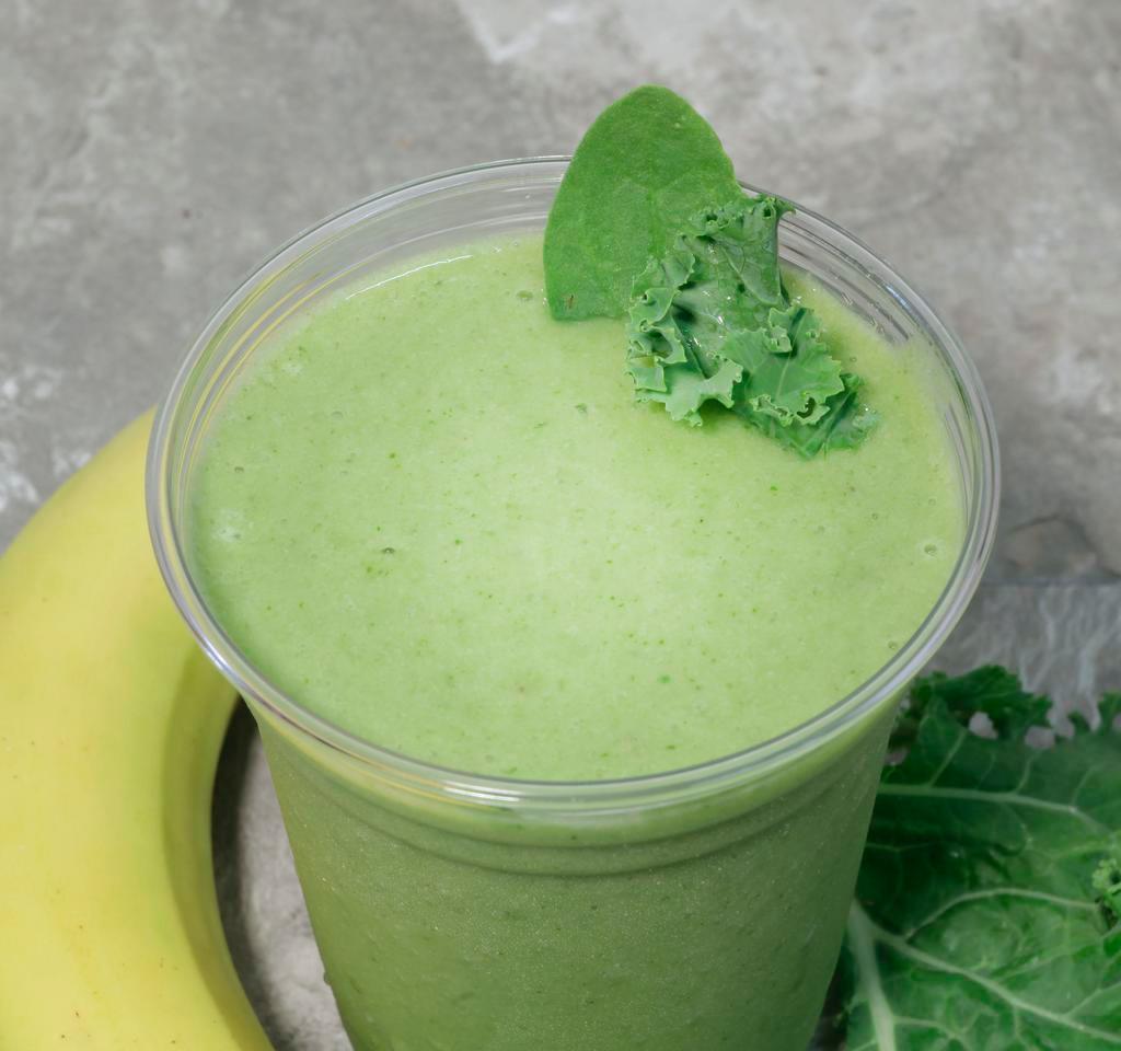 Green Machine Smoothie · Apple juice, banana, coconut milk, lemon, kale, spinach and pineapple.