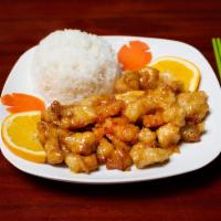 C22. Orange Chicken · Served with house made special orange sauce. Served with white meat and white rice.