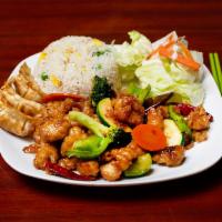C72. General Tso Chicken Combo Plate · Served with 3 pieces of potstickers and salad. Served with plain fried rice.