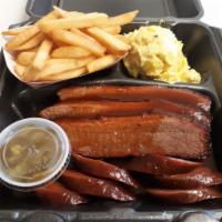 BBQ Plate with 2 Separate Meats · 2 meats of choice.
Meat choices:
Brisket, sausage, pulled pork, pork ribs and chicken (no pu...