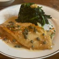 Fillet Sole and Capers · Served with spinach and a choice of a side.