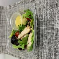 Grilled Chicken Salad · Lettuce mix, grilled chicken, fresh mozzarella, tomato, sweet corn, black olives, olive oil ...