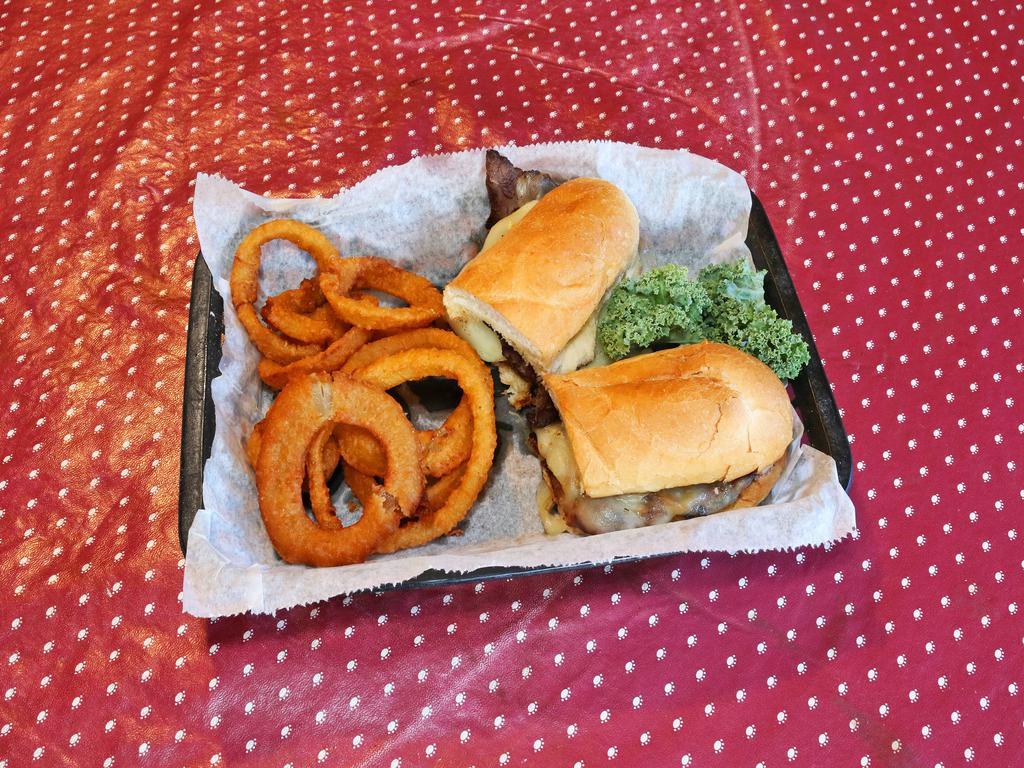 Grilled Steak Sandwich · toasted hogie bun, choice top sirloin steak, sauteed onions, mushrooms, greenpeppers, topped with mozzarella cheese