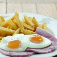 2 Eggs any Style with Ham · Served with Home fries and toast.