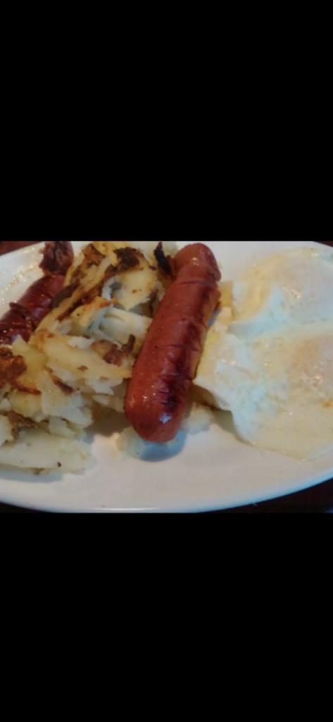 Two eggs any style  with Turkey Sausage · Served with Home fries and toast.