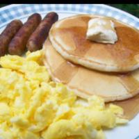 Lumberjack · Pancakes or French toast and 2 eggs with bacon 2 and ham and sausage   Served with butter an...
