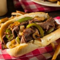 Philly Cheese Steak Hero · Thinly sliced steak with grilled onions and melted American cheese on Italian hero. Served w...