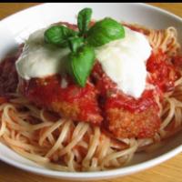 Chicken Parmigiana (dinner) · Served with spaghetti.  Served with choice of side, bread and butter.