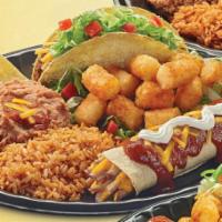 Enchilada Platter · Enchilada Platter Meal is served with a Crisp Taco, Mexi-Fries®, and rice and beans.