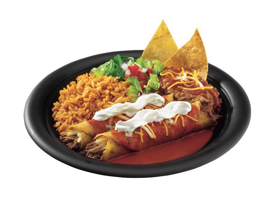 Enchilada · Corn tortilla enchilada made with tender chicken, seasoned ground beef, cheese or pork. Covered with burrito sauce, Cheddar cheese, sour cream and salsa fresca.