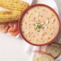 Shrimp & Roasted Corn Chowder · A delightful creamy combination of sweet roasted corn, 
tender shrimp, zesty red peppers and...