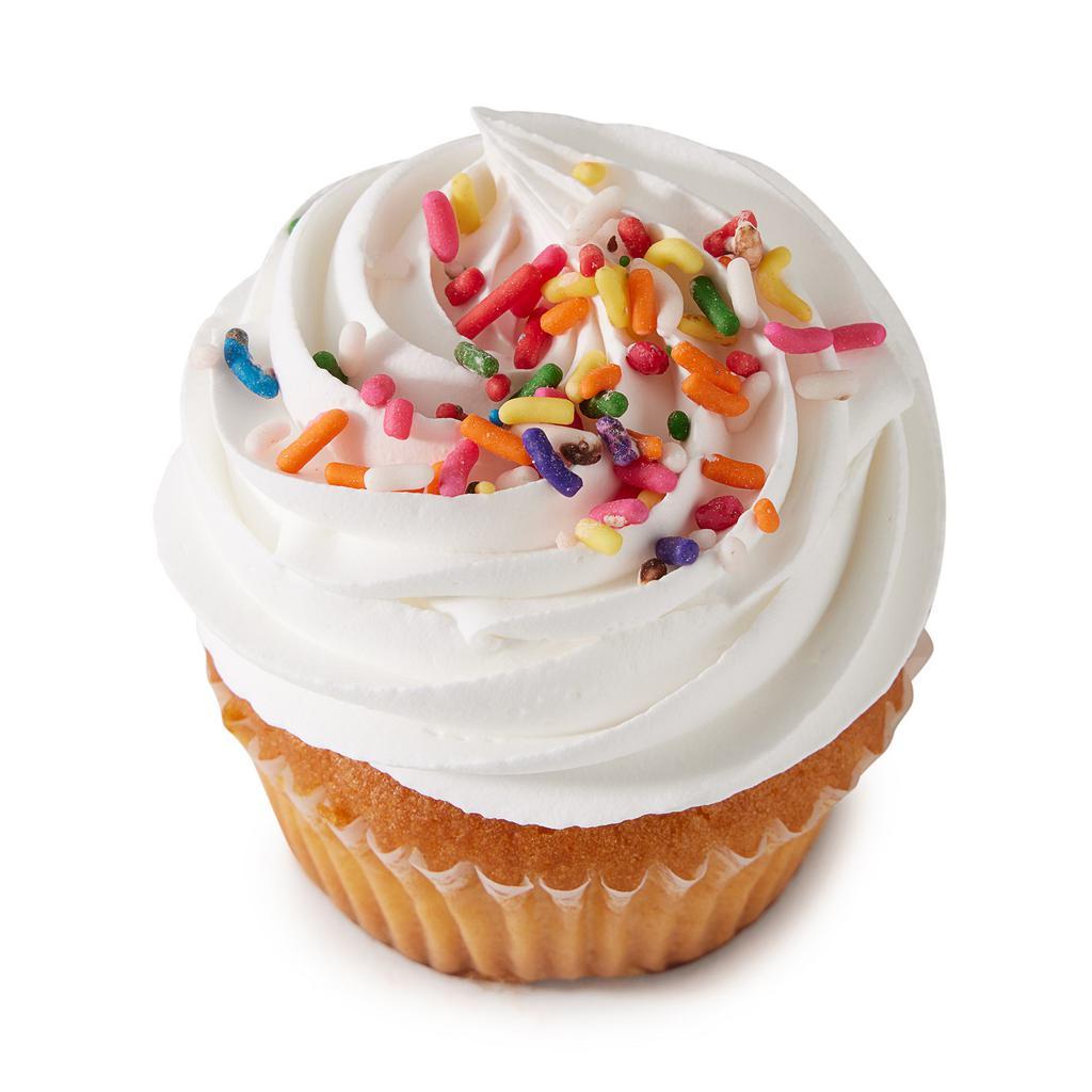 Vanilla Cupcake · Vanilla cupcake covered with whip cream frosting and topped with fun, rainbow sprinkles