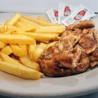 Kids Grilled Chicken Strips · Served with fries.