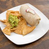 Bistec en Chipotle Burrito · Steak with chipotle sauce.  Served in a flour tortilla, stuffed with rice, beans, sour cream...