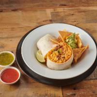Tinga Burrito · Marinated chicken burrito.  Served in a flour tortilla, stuffed with rice, beans, sour cream...