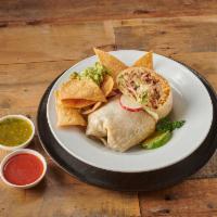 Carnitas Burrito · Marinated pork.  Served in a flour tortilla, stuffed with rice, beans, sour cream, lettuce a...
